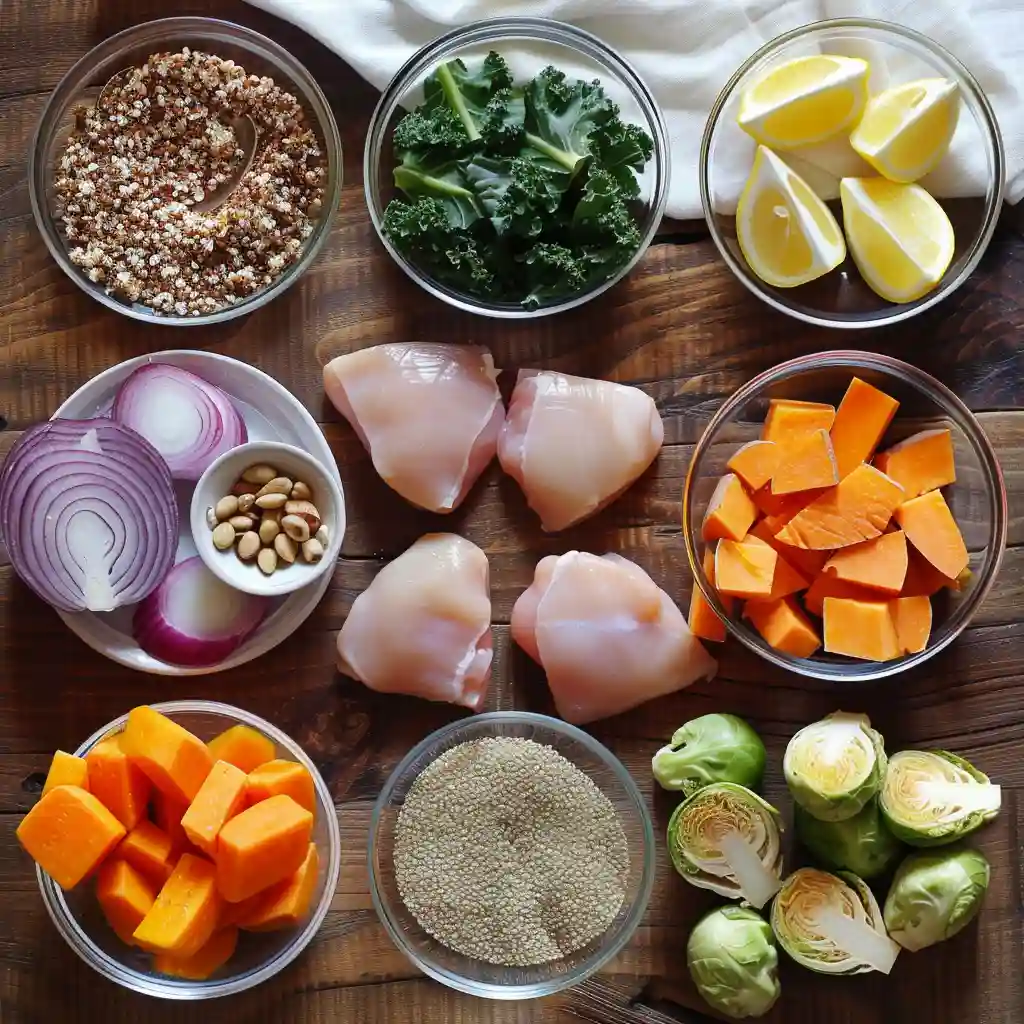 ingredients for maple dijon chicken bowl including chicken, sweet potatoes, and quinoa