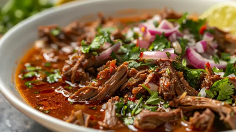 Mexican Birria Crockpot Recipe with shredded beef and fresh cilantro