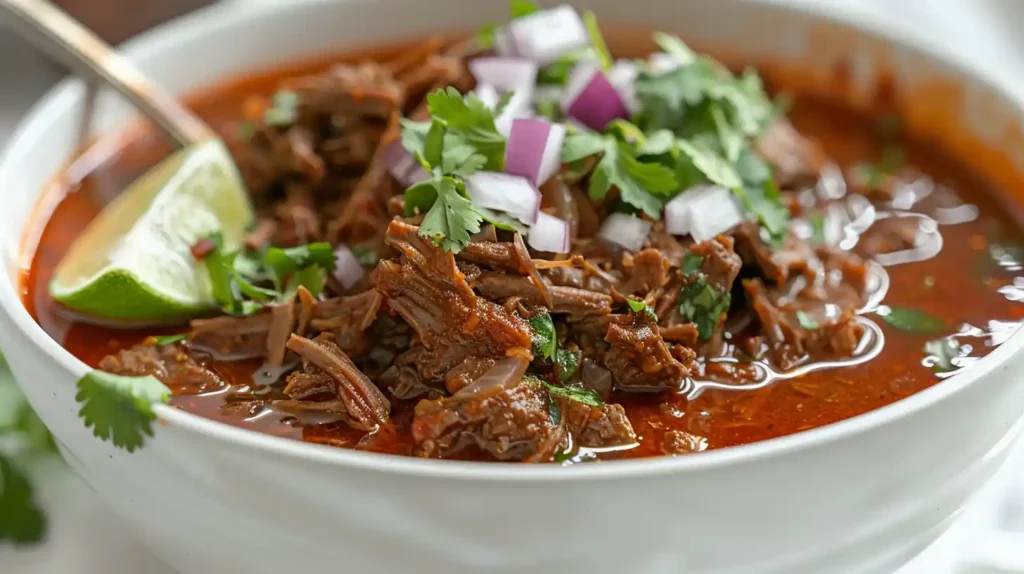 A hearty bowl of Mexican Birria Crockpot Recipe, garnished with lime and fresh cilantro.