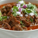 A hearty bowl of Mexican Birria Crockpot Recipe, garnished with lime and fresh cilantro.