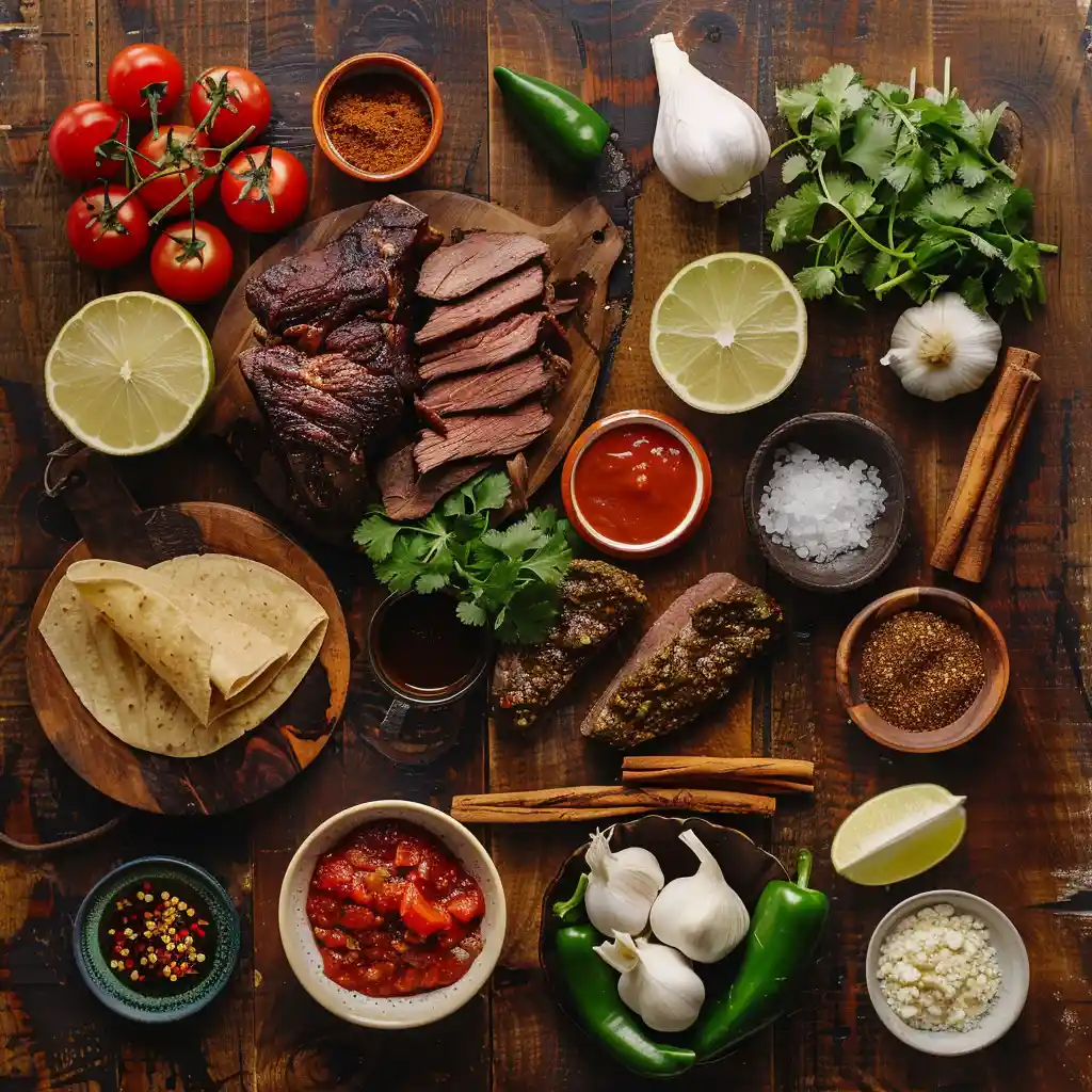 Top-down view of ingredients for Mexican Birria Crockpot Recipe including beef and spices