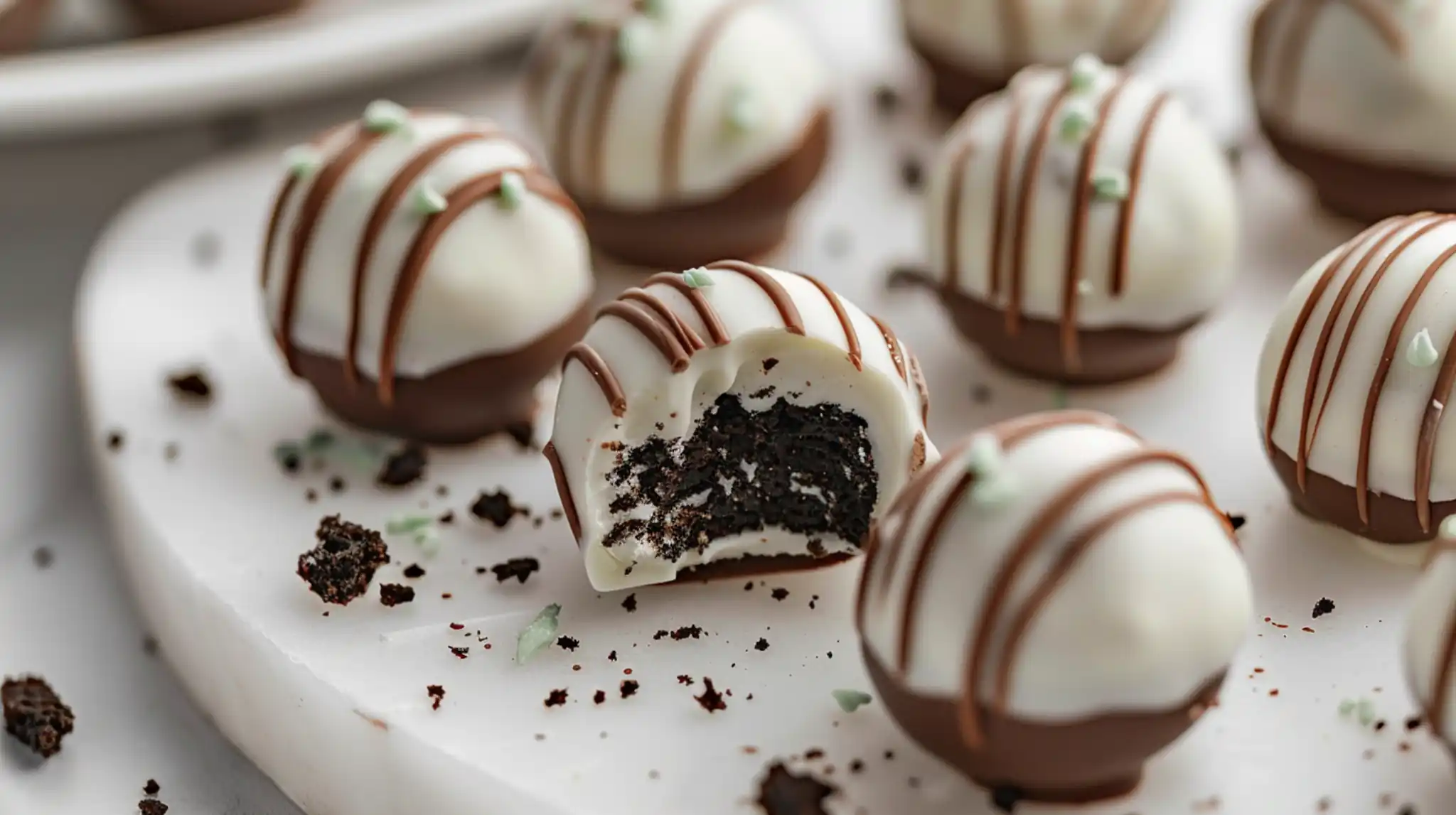 Mint Oreo truffles with white chocolate coating and drizzle