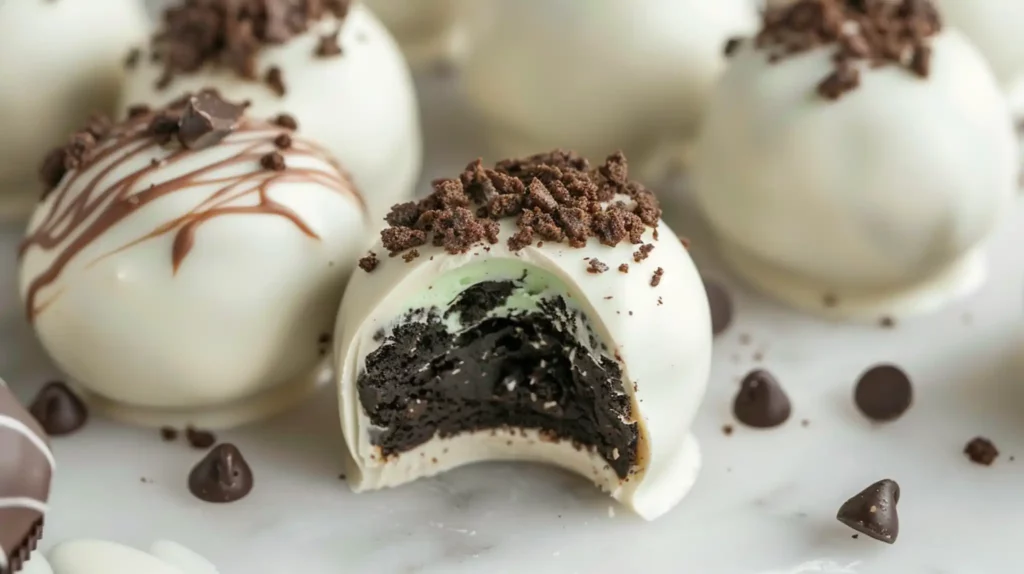Mint Oreo truffles topped with cookie crumbs and chocolate drizzle