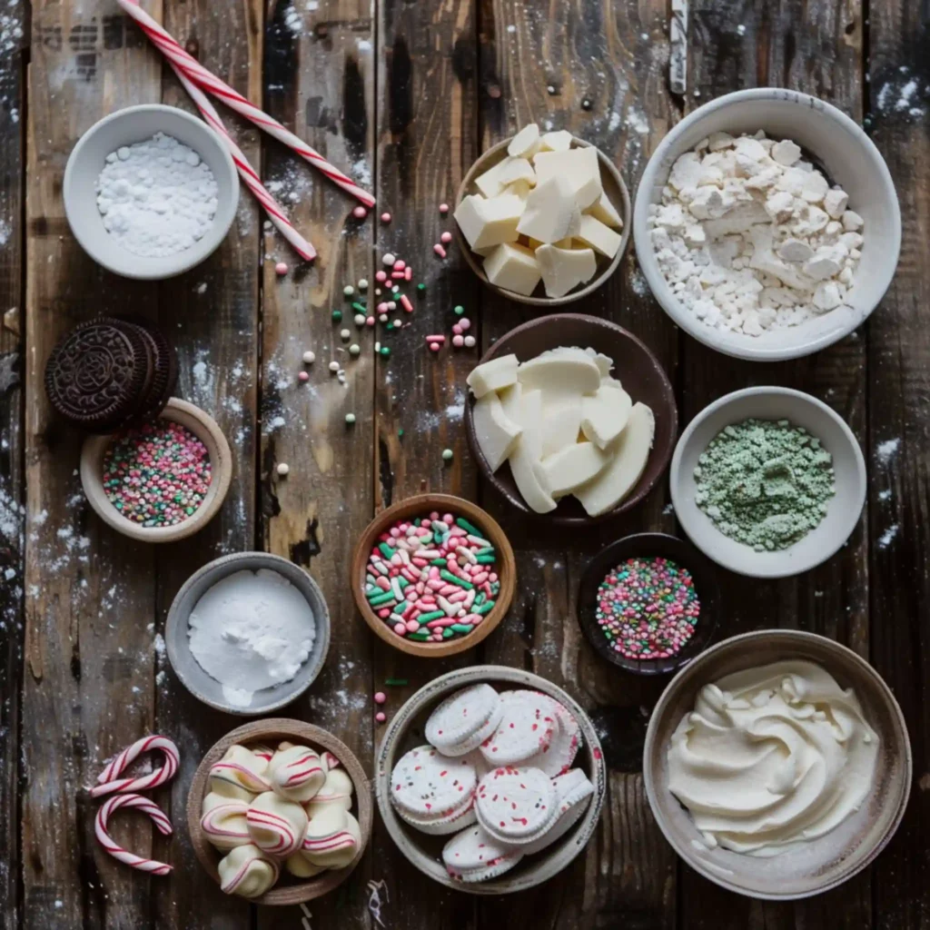 Ingredients for mint Oreo truffles on a wooden surface