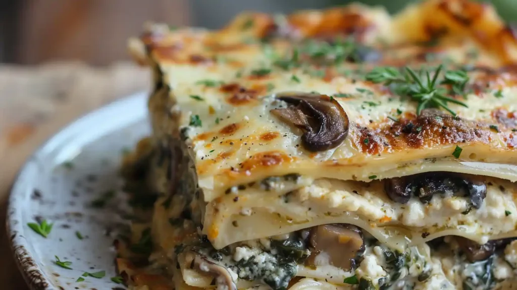 Close-up of creamy mushroom and spinach lasagna slice