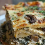 Close-up of creamy mushroom and spinach lasagna slice