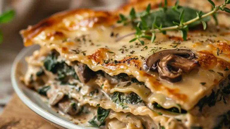 Golden-brown baked mushroom and spinach lasagna with fresh herbs