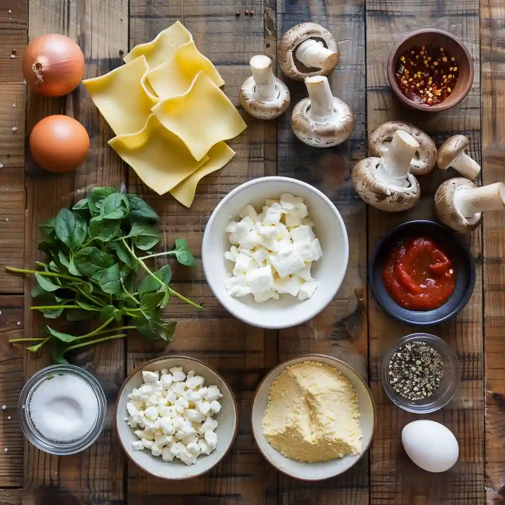 Top-down view of fresh ingredients for mushroom and spinach lasagna