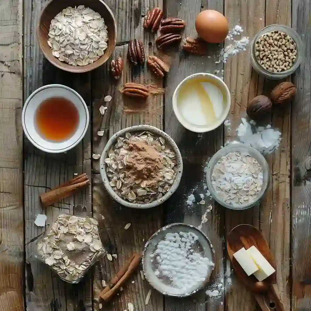 Pecan pie baked oatmeal ingredients on rustic table