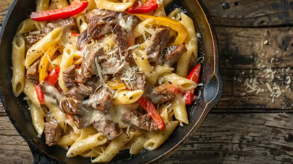 Philly cheesesteak pasta with creamy sauce and bell peppers