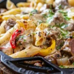 Cheesy Philly cheesesteak pasta with beef and peppers