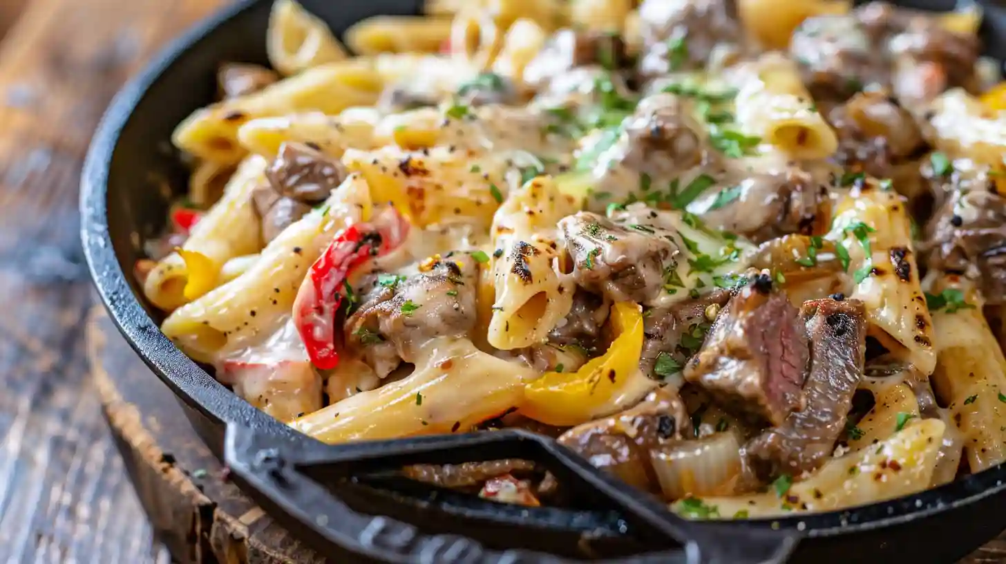 Cheesy Philly cheesesteak pasta with beef and peppers