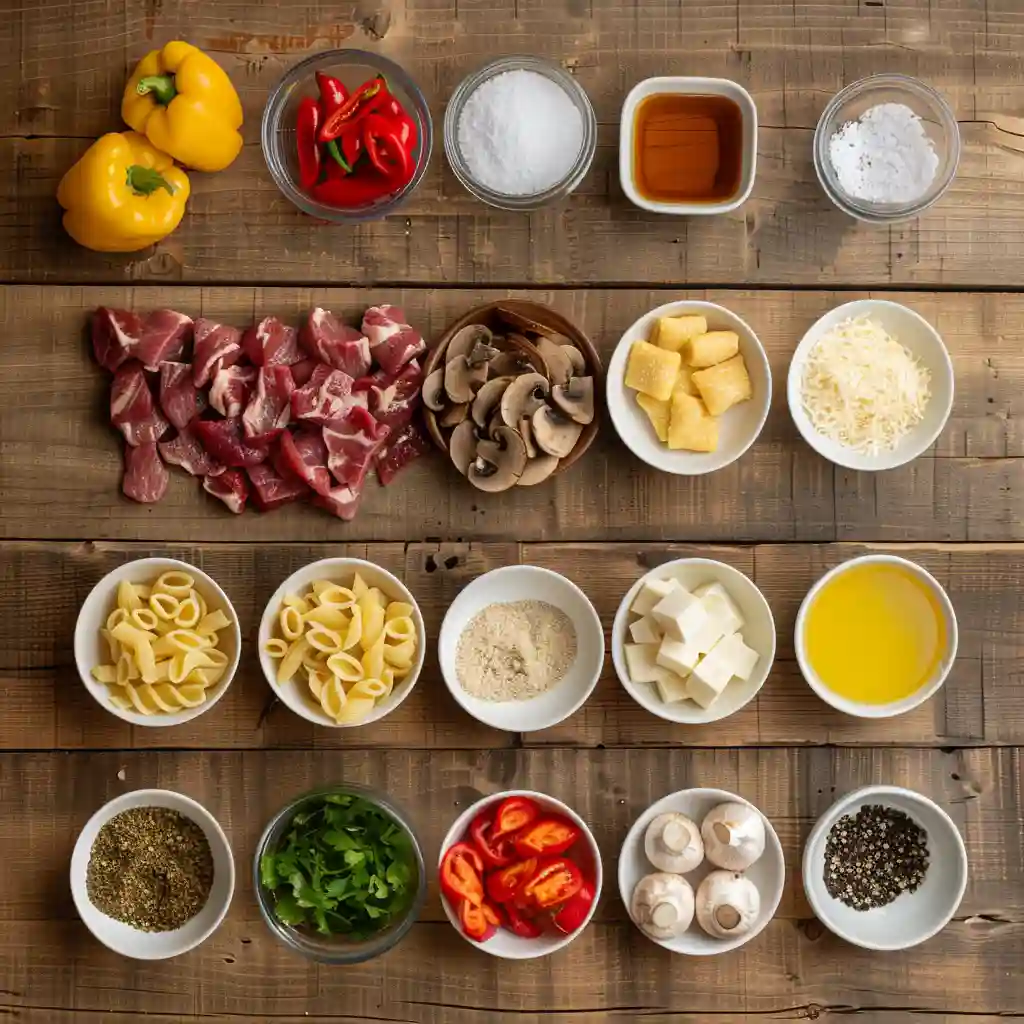 Ingredients for Philly cheesesteak pasta laid out on rustic wood
