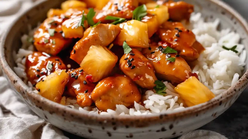 pineapple chicken with rice in a bowl, garnished with sesame seeds