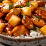 pineapple chicken with rice in a bowl, garnished with sesame seeds