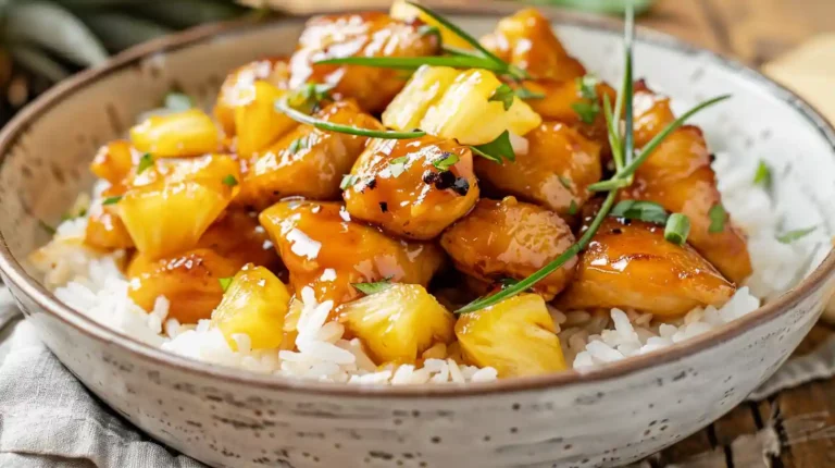 pineapple chicken with rice served with fresh herbs