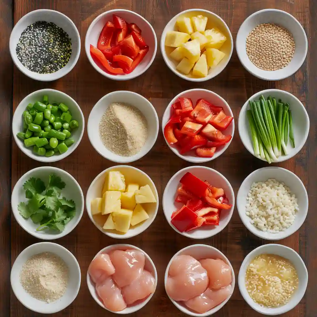 ingredients for pineapple chicken with rice arranged in small bowls