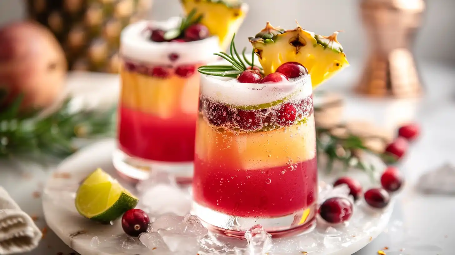 pineapple cranberry Christmas drink with pineapple slice and cranberries