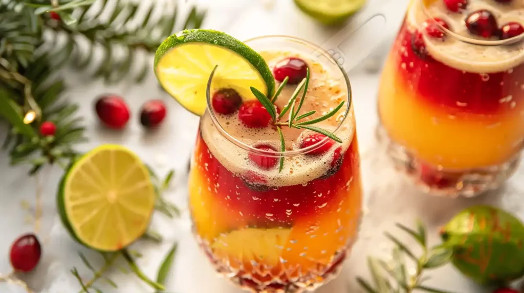 fizzy pineapple cranberry Christmas drink with lime and rosemary