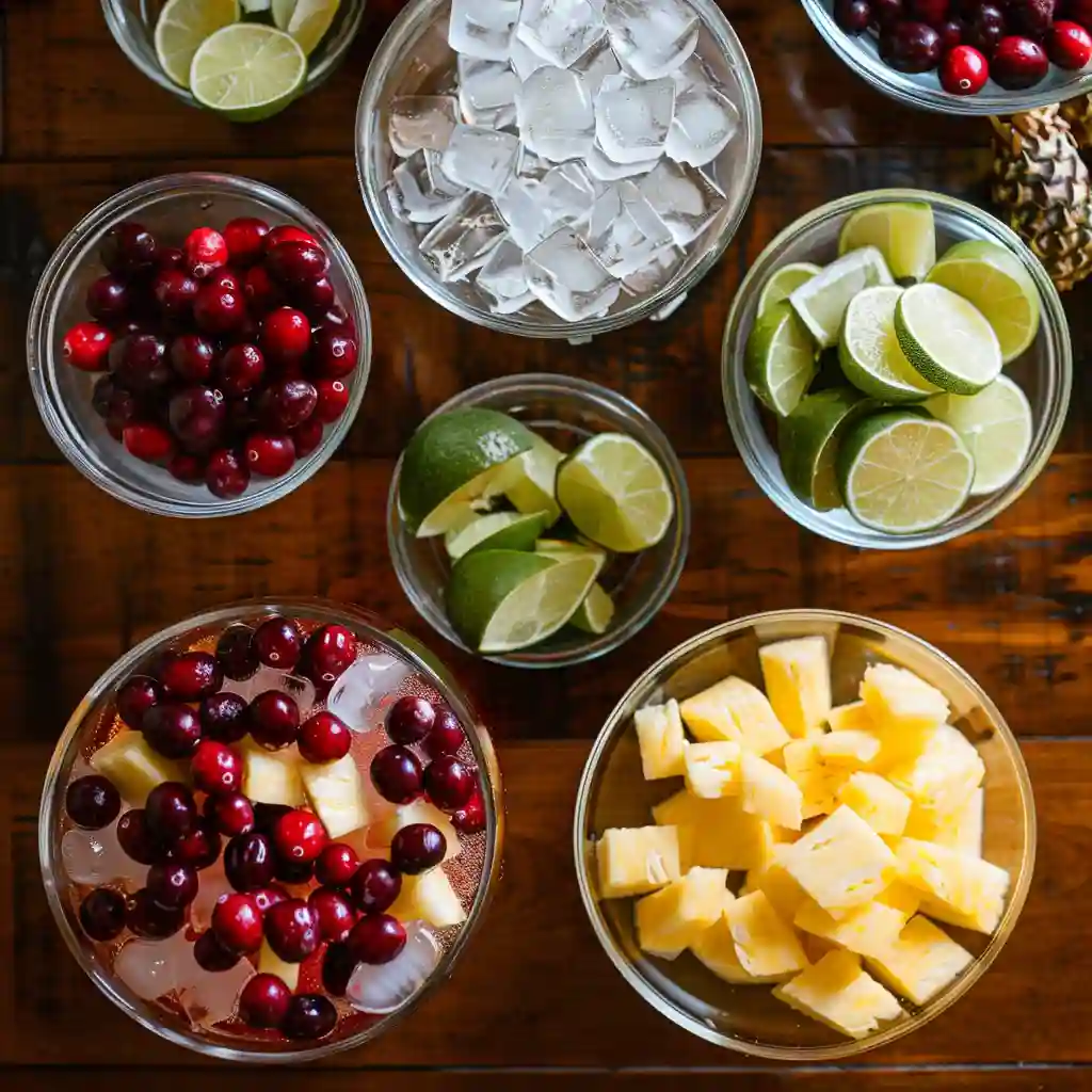 ingredients for pineapple cranberry Christmas drink including lime and ice