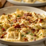 Ravioli carbonara with bacon and creamy sauce