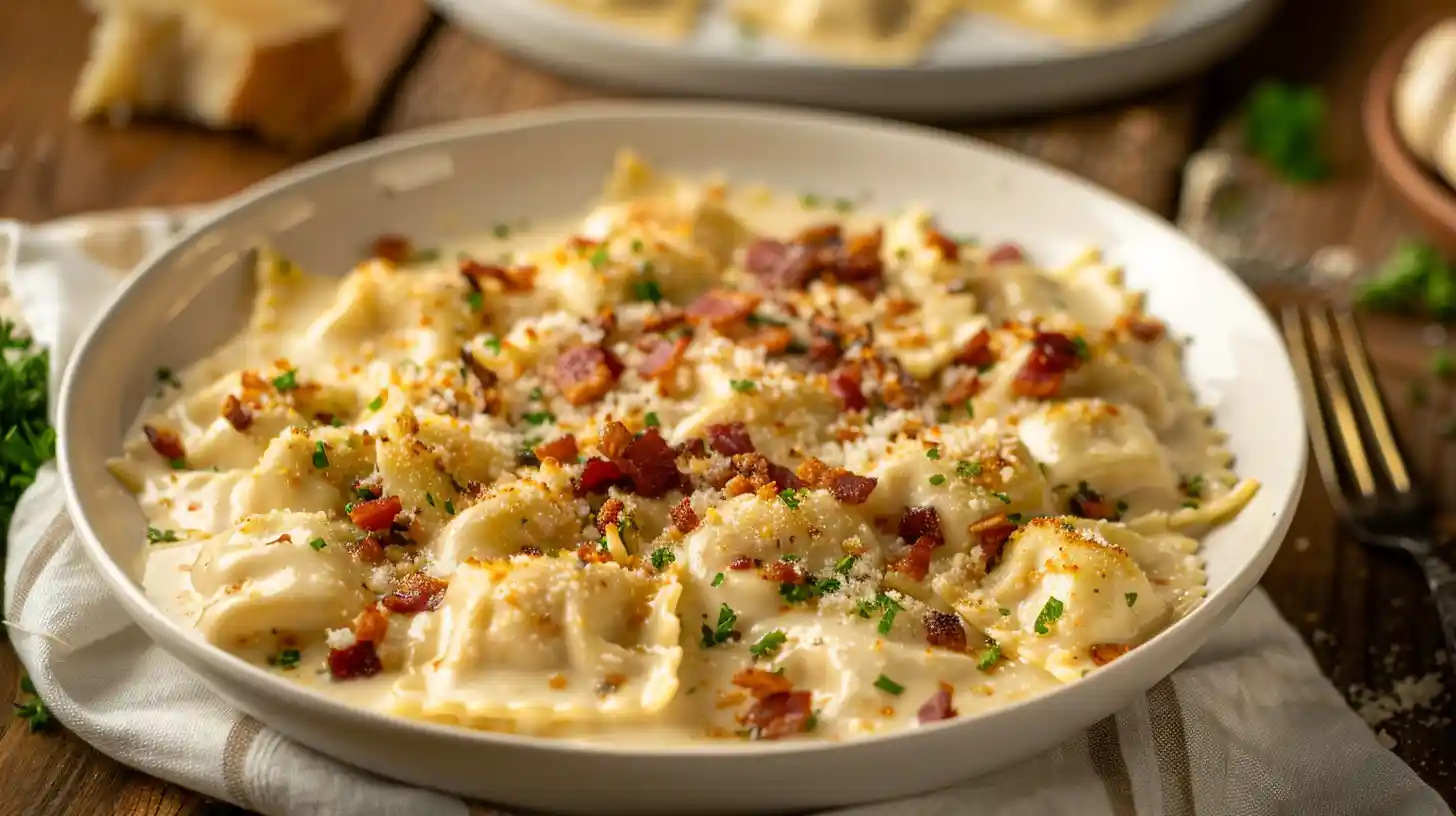 Ravioli carbonara with bacon and creamy sauce