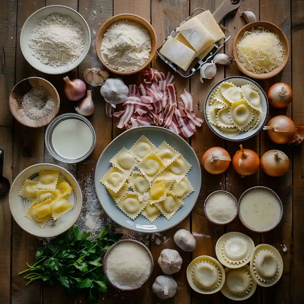 Ingredients for ravioli carbonara including bacon, cheese, and pasta