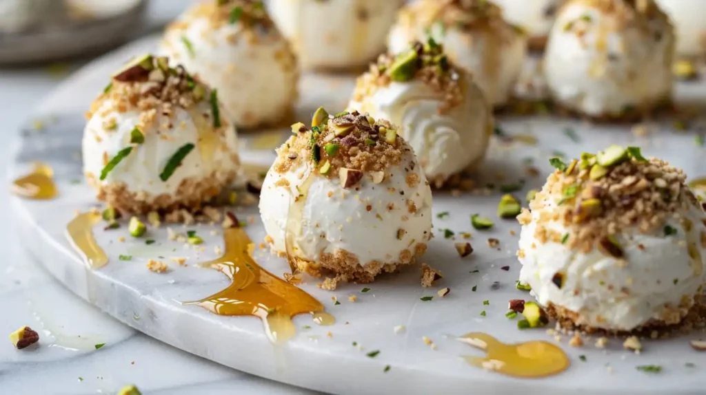 Ricotta Pistachio Honey Bites with crushed nuts and honey drizzle