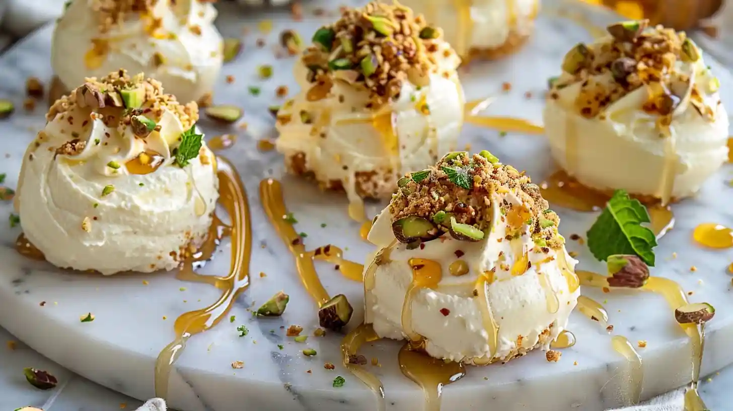 Ricotta Pistachio Honey Bites elegantly plated with honey and mint