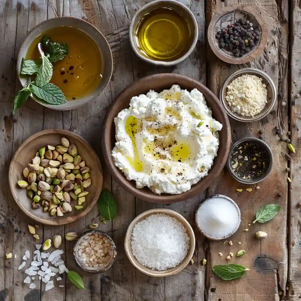 Ingredients for Ricotta Pistachio Honey Bites including ricotta, honey, and pistachios