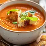 Roasted tomato basil soup with croutons and fresh basil