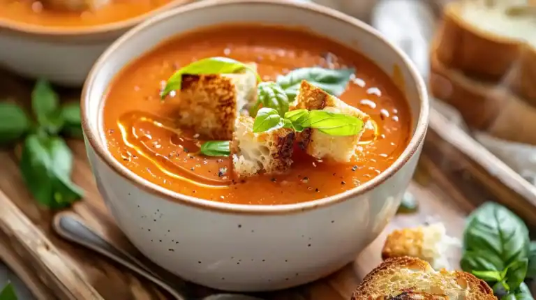 Roasted tomato basil soup with croutons and fresh basil
