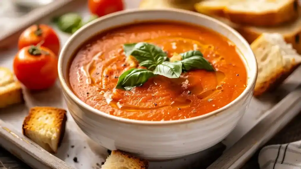 Bowl of roasted tomato basil soup with olive oil and basil garnish