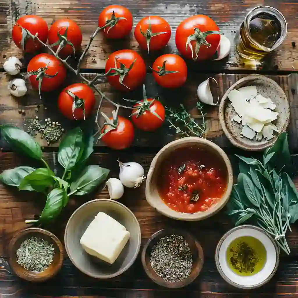 Fresh ingredients for roasted tomato basil soup on wood