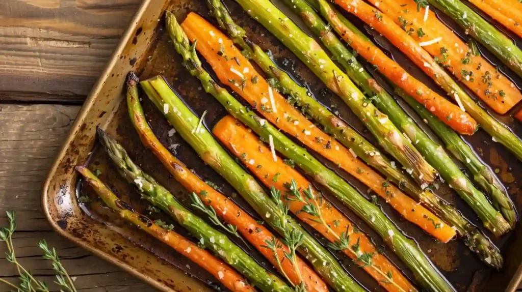 Roasted Asparagus & Carrots close-up on sheet pan