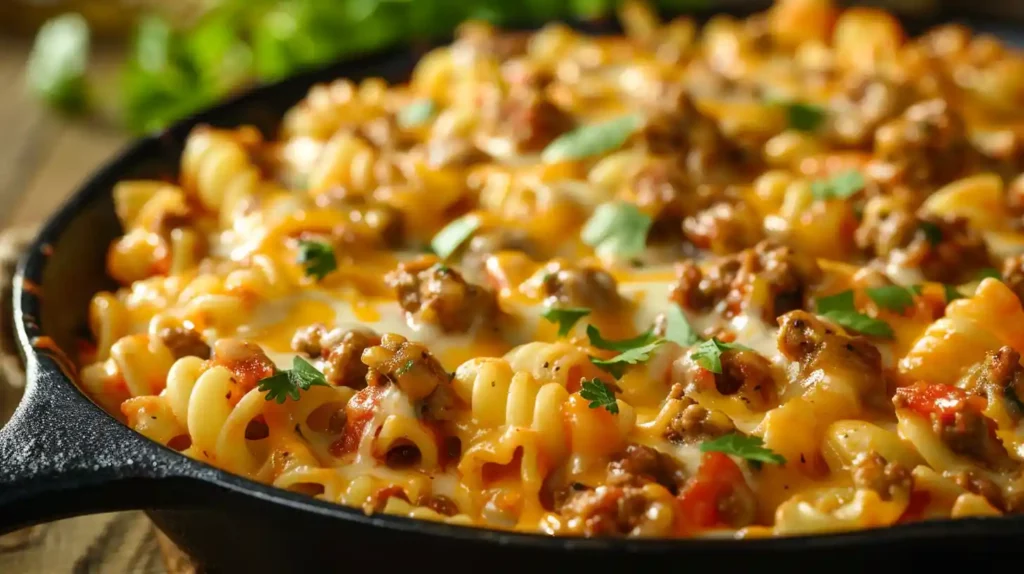 Rotel Pasta Fiesta in a skillet with melty cheese and ground beef