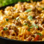 Rotel Pasta Fiesta in a skillet with melty cheese and ground beef
