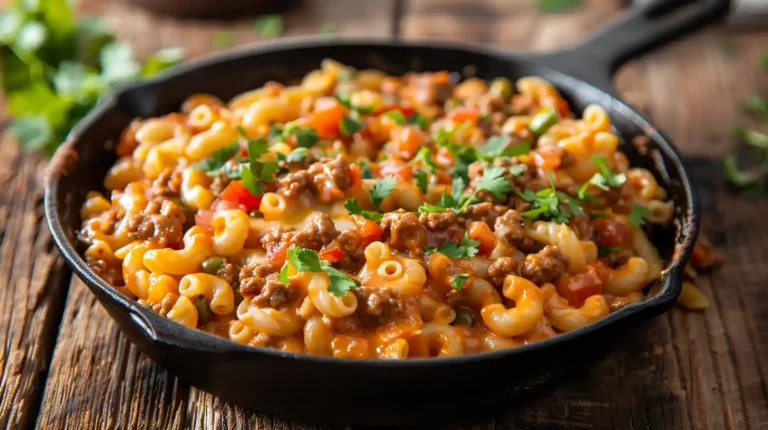 Cheesy Rotel Pasta Fiesta with beef and macaroni in a cast iron pan