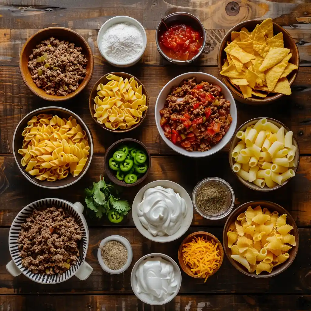 Top-down view of Rotel Pasta Fiesta ingredients including pasta and beef