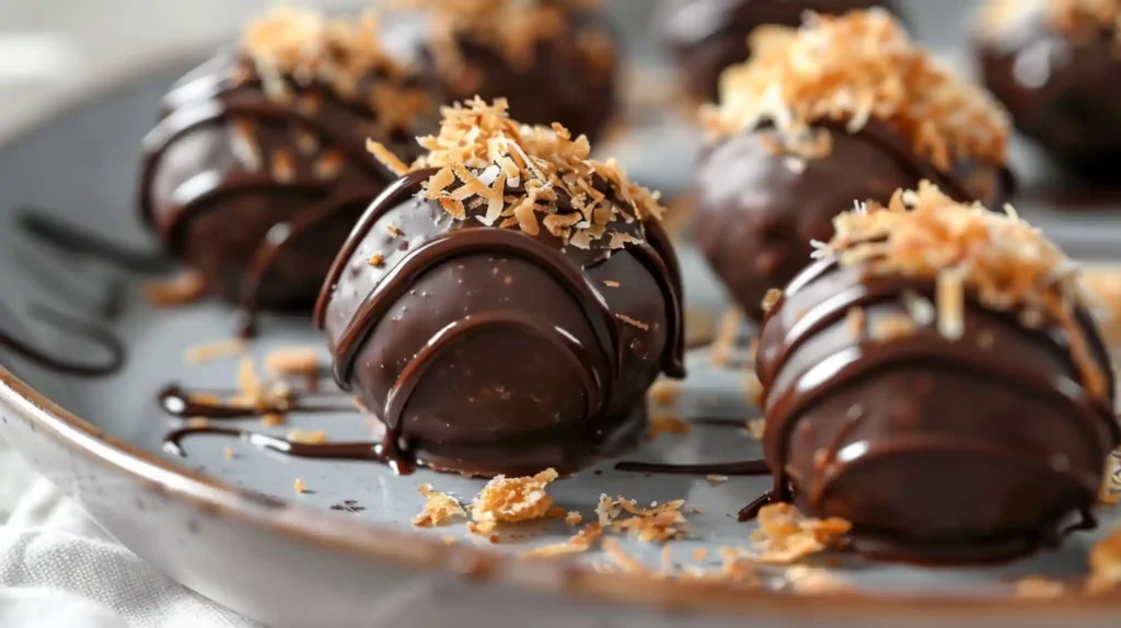 Samoa truffles closeup with toasted coconut topping