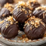 Samoa truffles in plate with chocolate drizzle and coconut flakes