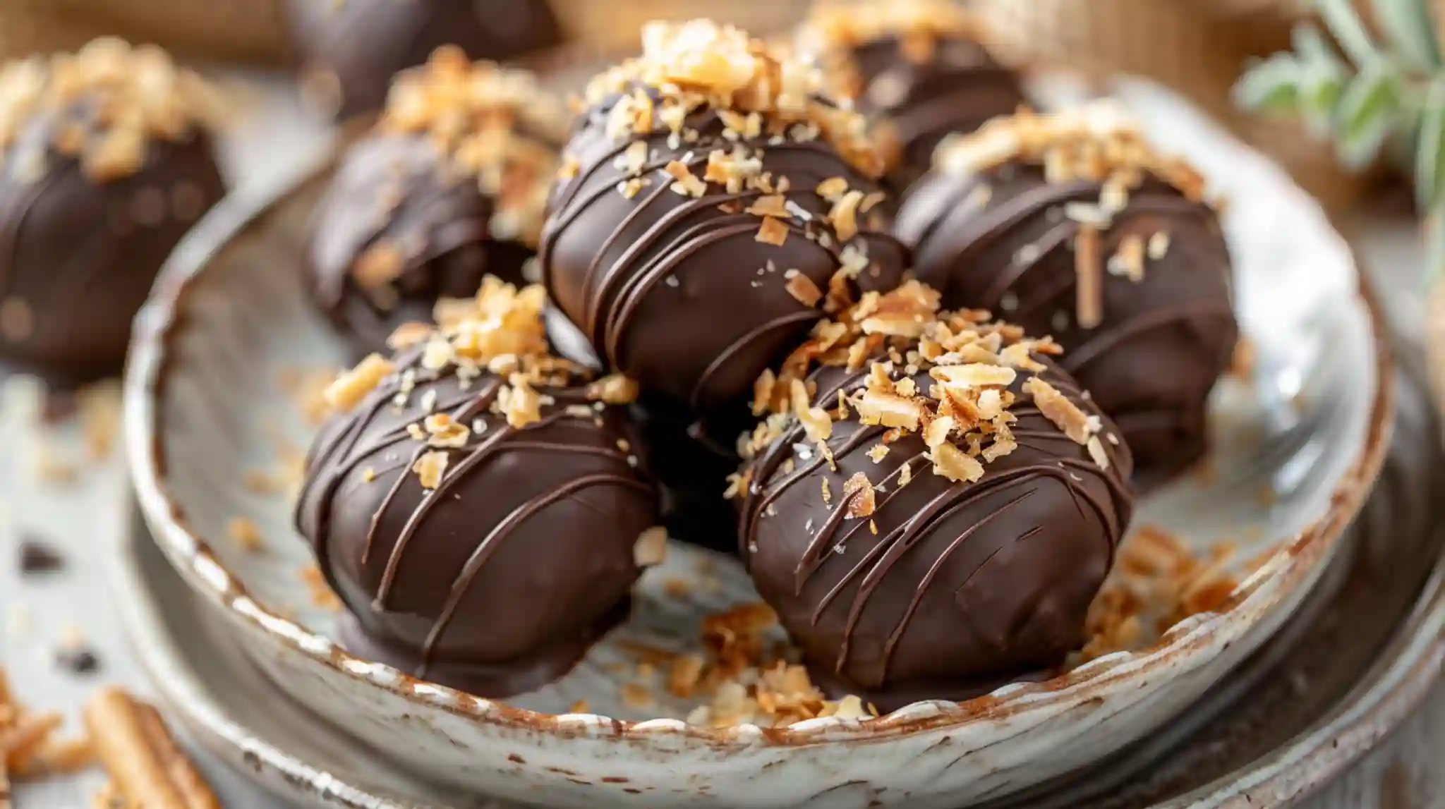 Samoa truffles in plate with chocolate drizzle and coconut flakes