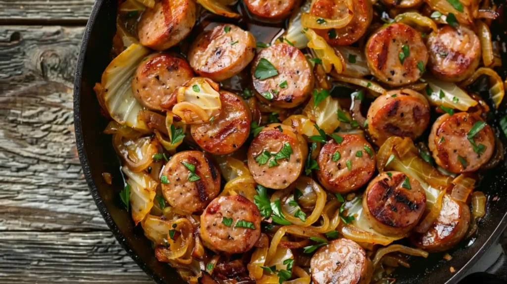 Sausage and cabbage stir fry in a skillet with caramelized onions.