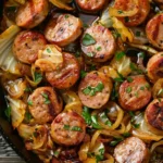 Sausage and cabbage stir fry in a skillet with caramelized onions.