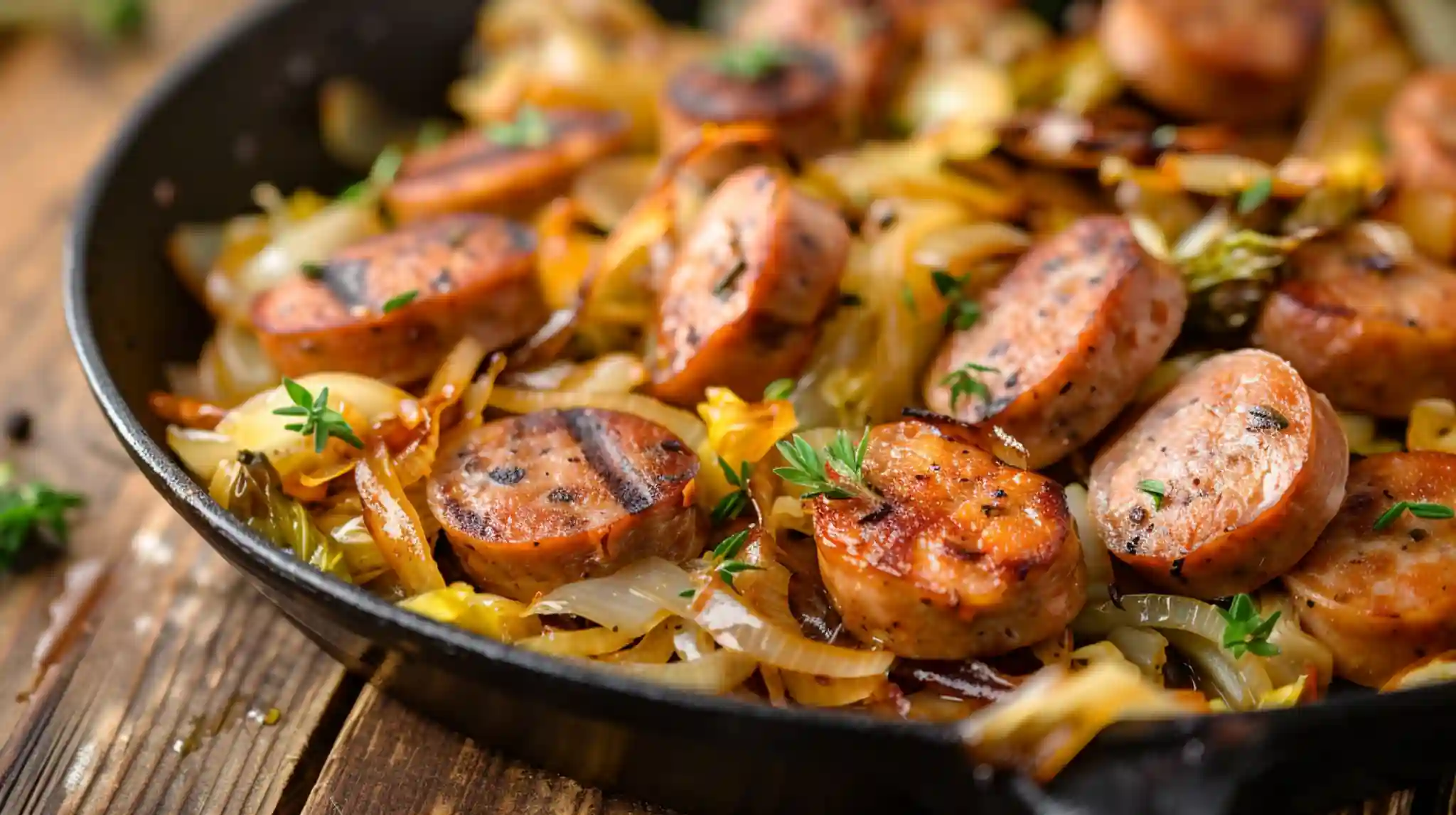 Sausage and cabbage stir fry with herbs in a cast iron pan.