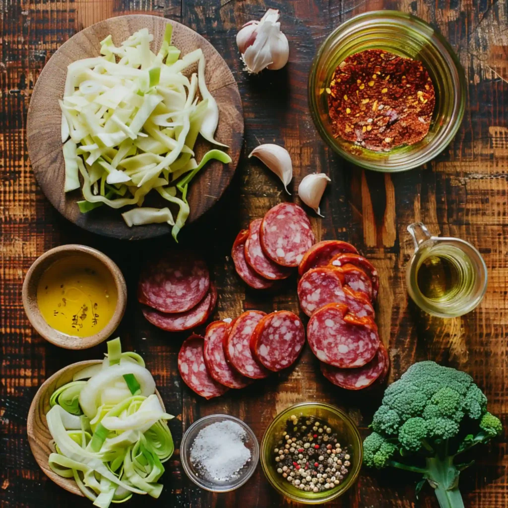 Ingredients for sausage and cabbage stir fry on a wooden board.