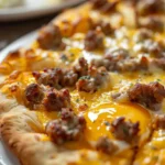 Cheesy sausage and egg breakfast pizza hot out of the oven