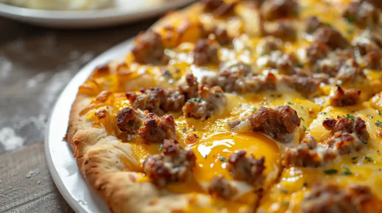 Cheesy sausage and egg breakfast pizza hot out of the oven