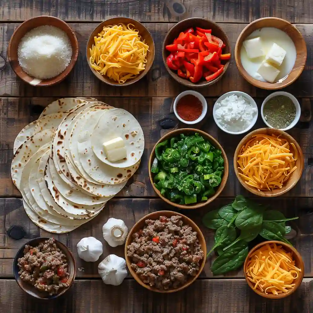 Ingredients for sausage and egg breakfast pizza on rustic wood surface