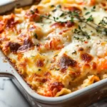 Baked Seafood Lasagna with Lobster and Shrimp in ceramic dish